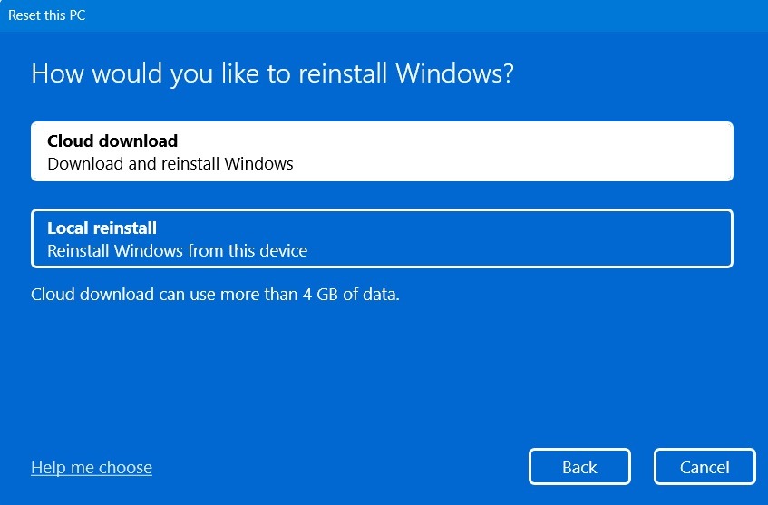 Elija Cloud Download para restablecer en Windows11
